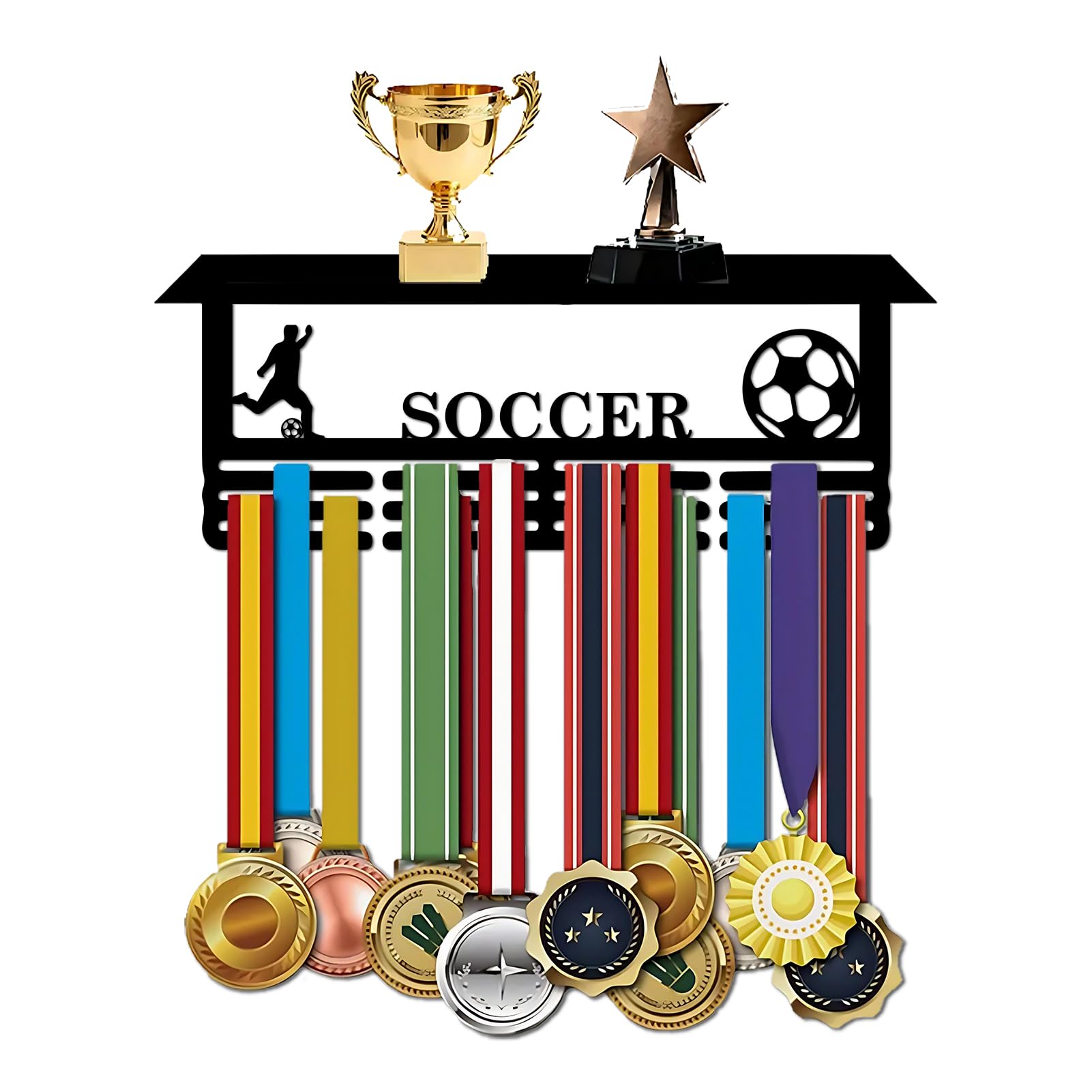 Resama World Cup Soccer Medal Hanger Holder Display Rack with Trophy Shelf — image 1