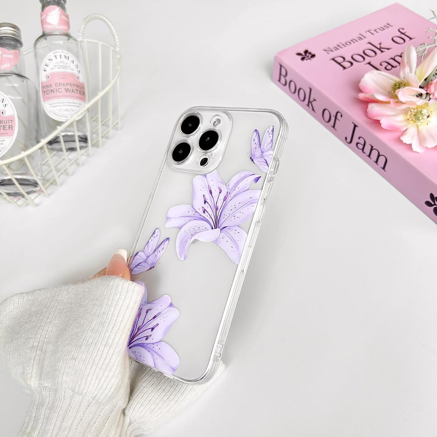 NITITOP Compatible with iPhone 13 Pro Max Case Clear Cute Butterfly Lily Flower Floral Pattern for Women Girls Full Camera Lens Clear Slim Shockproof Protective Phone Cover - Light Purple - Image 7