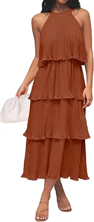 ZESICA Women's Summer Sleeveless Halter Neck Ruffle Tiered Chiffon Midi Dress