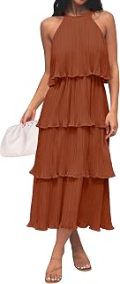 Women's 2026 Summer Sleeveless Halter Neck Ruffle Tiered Layed Chiffon Flowy Swing Long Midi Dress