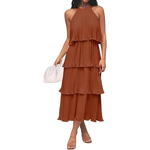 ZESICA Women's 2026 Summer Sleeveless Halter Neck Ruffle Tiered Layed Chiffon Flowy Swing Long Midi Dress