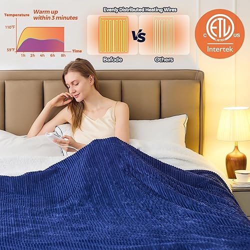 Miniatura 7 de Bafode Manta térmica tamaño Queen, manta eléctrica de 84 x 90 pulgadas con doble control, manta térmica de franela y sherpa con 10 niveles de