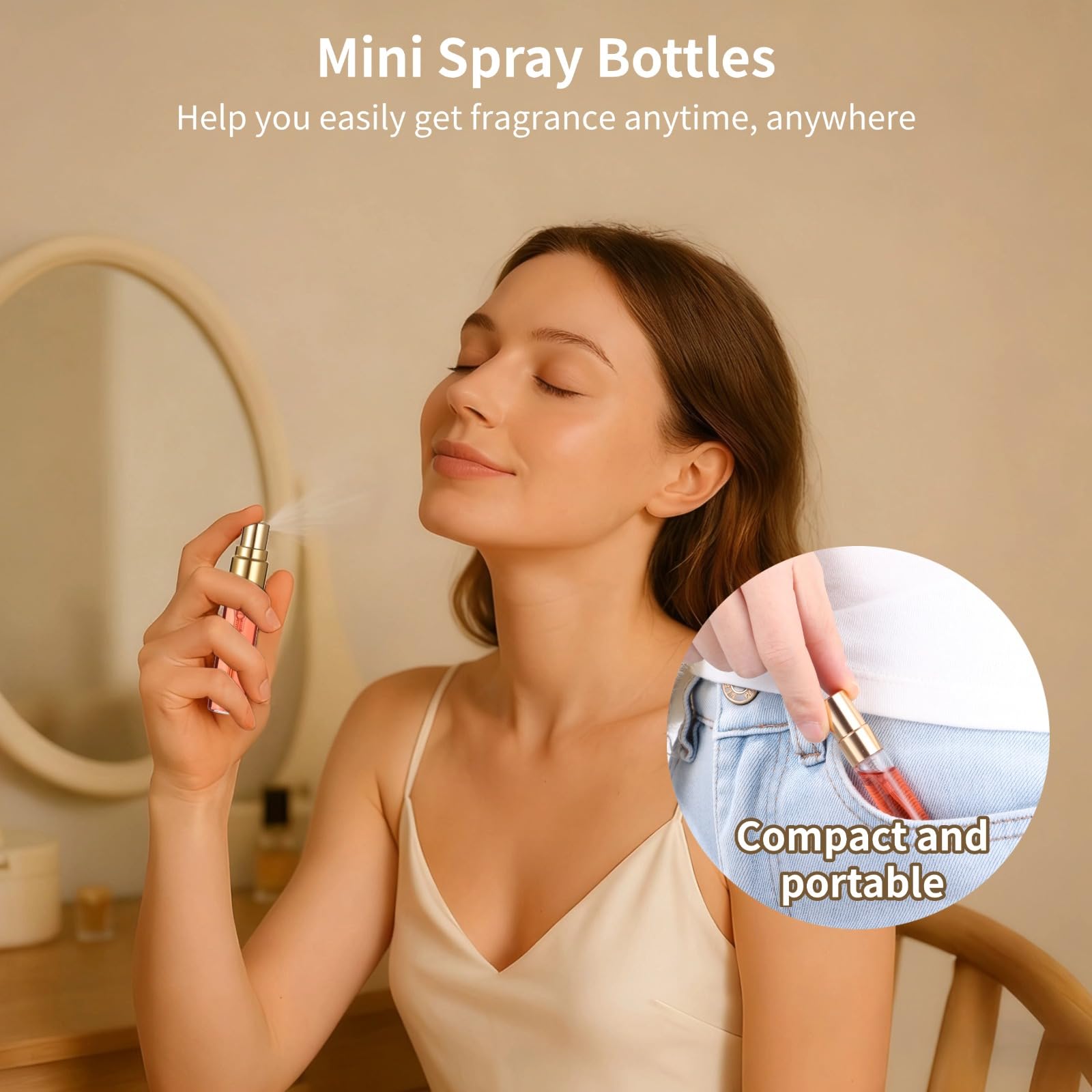 50 szt. mini butelek z rozpylaczem, 5 ml, do wielokrotnego napełniania, złote rozpylacze z drobną mgiełką z nakrętkami, podróżne pojemniki na próbki na płyny, w zestawie 2 lejki i 2 dozowniki
