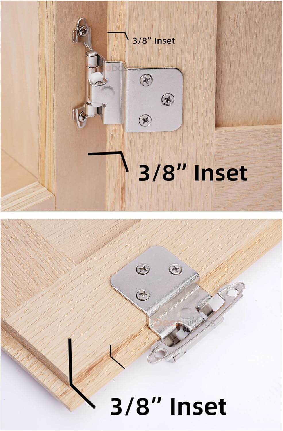 Size 3/8 Set of 5 DecoBasics 3/8 Inset Cabinet Hinges Brushed Nickel (5 Pair -10 Pcs) Offset Self Closing Cabinet Hinges for Kitchen Cabinets Satin Nickel w/Silicon Bumpers & Upgraded Screws