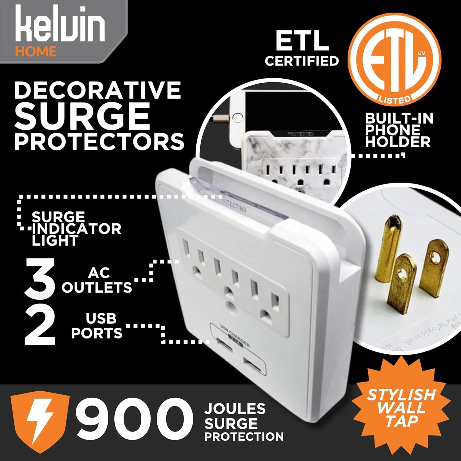 Kelvin Home - Decorative Surge Protector – Plug-in Surge Protector with 3 Outlets & 2 USB Ports, Multi Wall Mount Socket Outlet, Power Expander for Home, Office, & Travel Use (Greece)