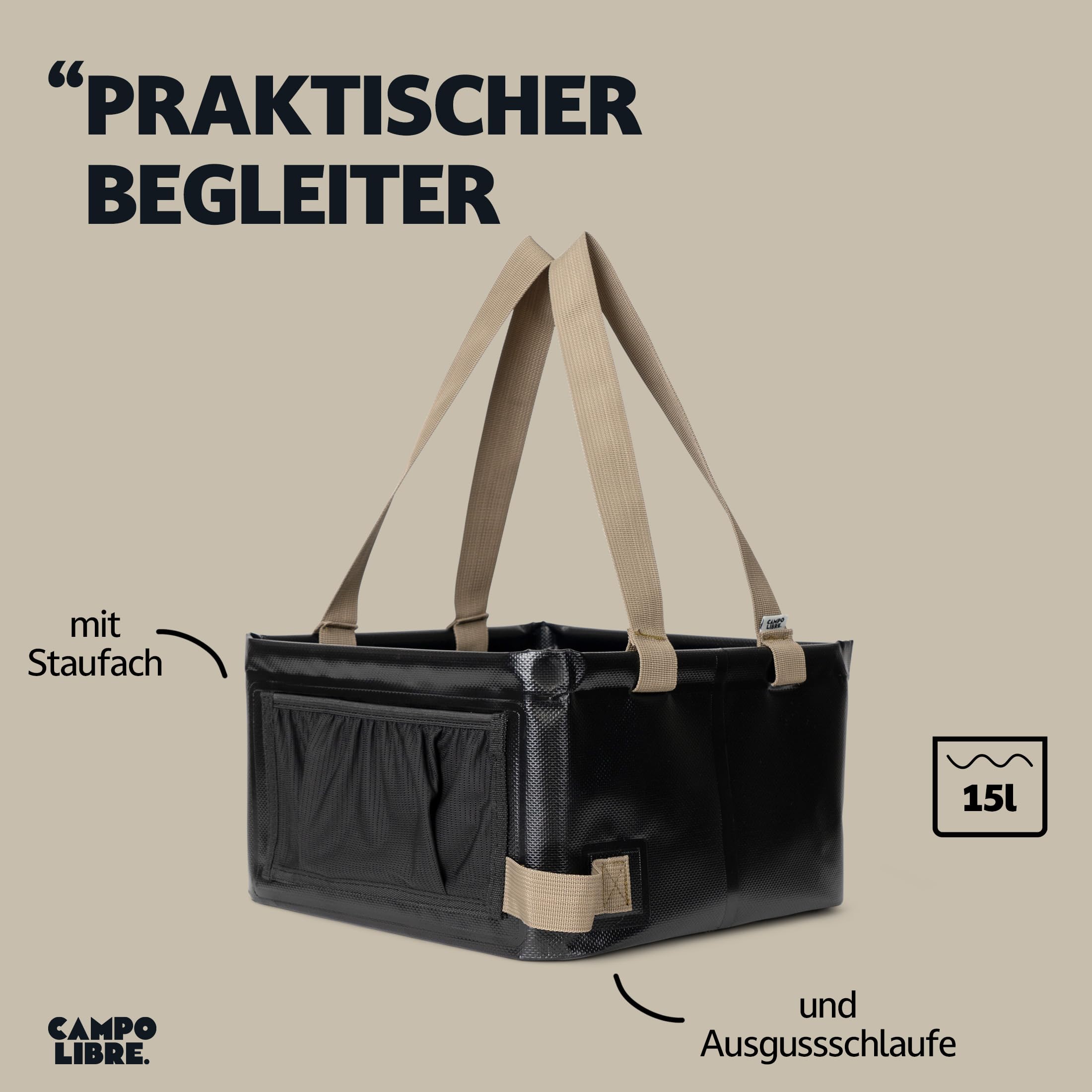 Campo Libre.® Carlo I Camping Spülschüssel I Faltbare Spülschüssel mit Langen Tragegriffen und Staufach I kompakt verstaubare Faltschüssel fürs Campinggeschirr I Waschschüssel für unterwegs I 15 Liter