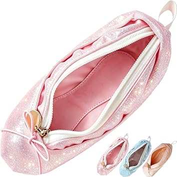 Shiny Pink Ballet Shoe Makeup Bag, Dance Recital Gifts for Girls | Small Satin Cute Cosmetic Bag, Ballet Pencil Case Pouch, Bow Mini Dance Bag for Girls, Dancer & Ballerina gifts Dance Moms