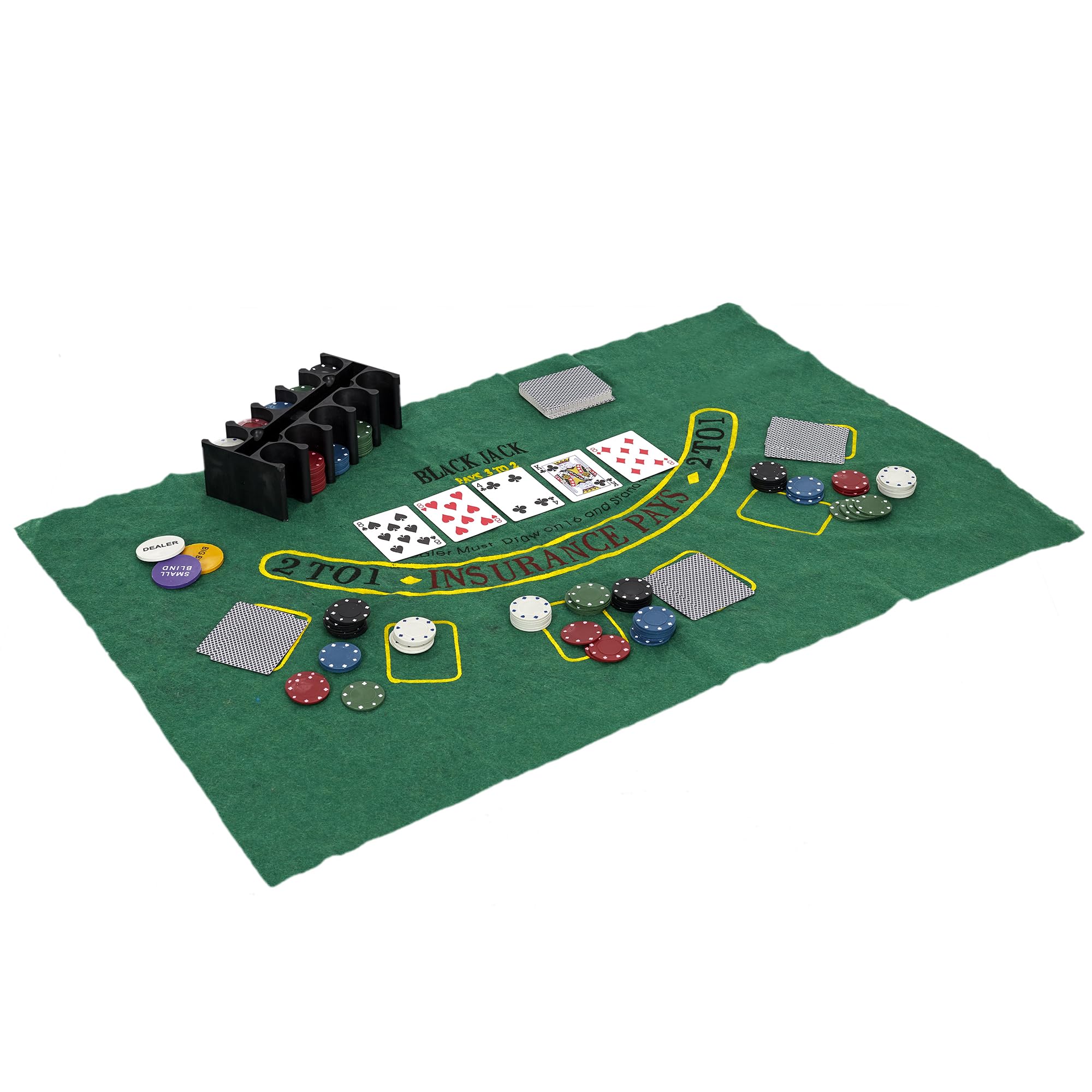 MISTER GADGET - MG3348 Jeu de Poker 200 Jetons avec Tapis 90x60 cm - 2 Jeux de Cartes, 3 Jetons Spéciaux, Rack Inclus - Casino à Domicile - Taille 11.5 x 24 x 11.5 cm - Couleurs Variées