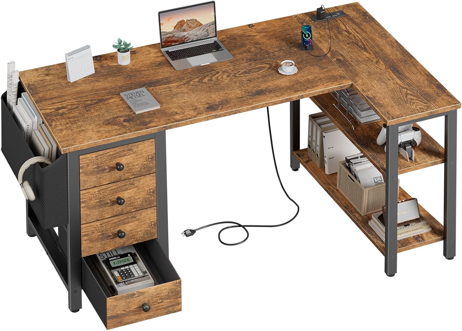 DLisiting L Shaped Computer Desk with Drawers - 47 Inch Corner Office Reversible Desk with Storage Shelves Power Outlet, Home Office Desks L-Shaped with Fabric Drawer for Teen Girls, Rustic Brown