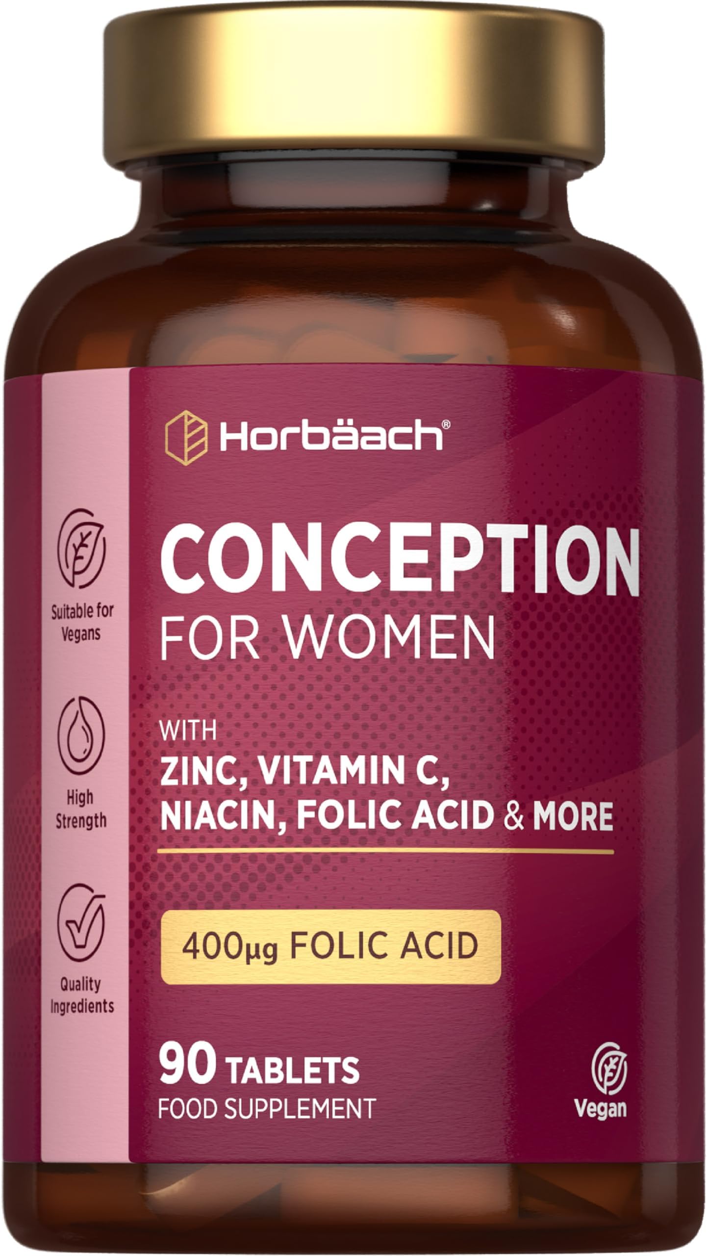 Conception Vitamins for Women | 400µg Folic Acid for Fertility Support - 3 Months Supply | Multivitamin & Mineral Formula with Vitamin C, Iron, Zinc & More! | 90 Vegan Tablets | by Horbaach