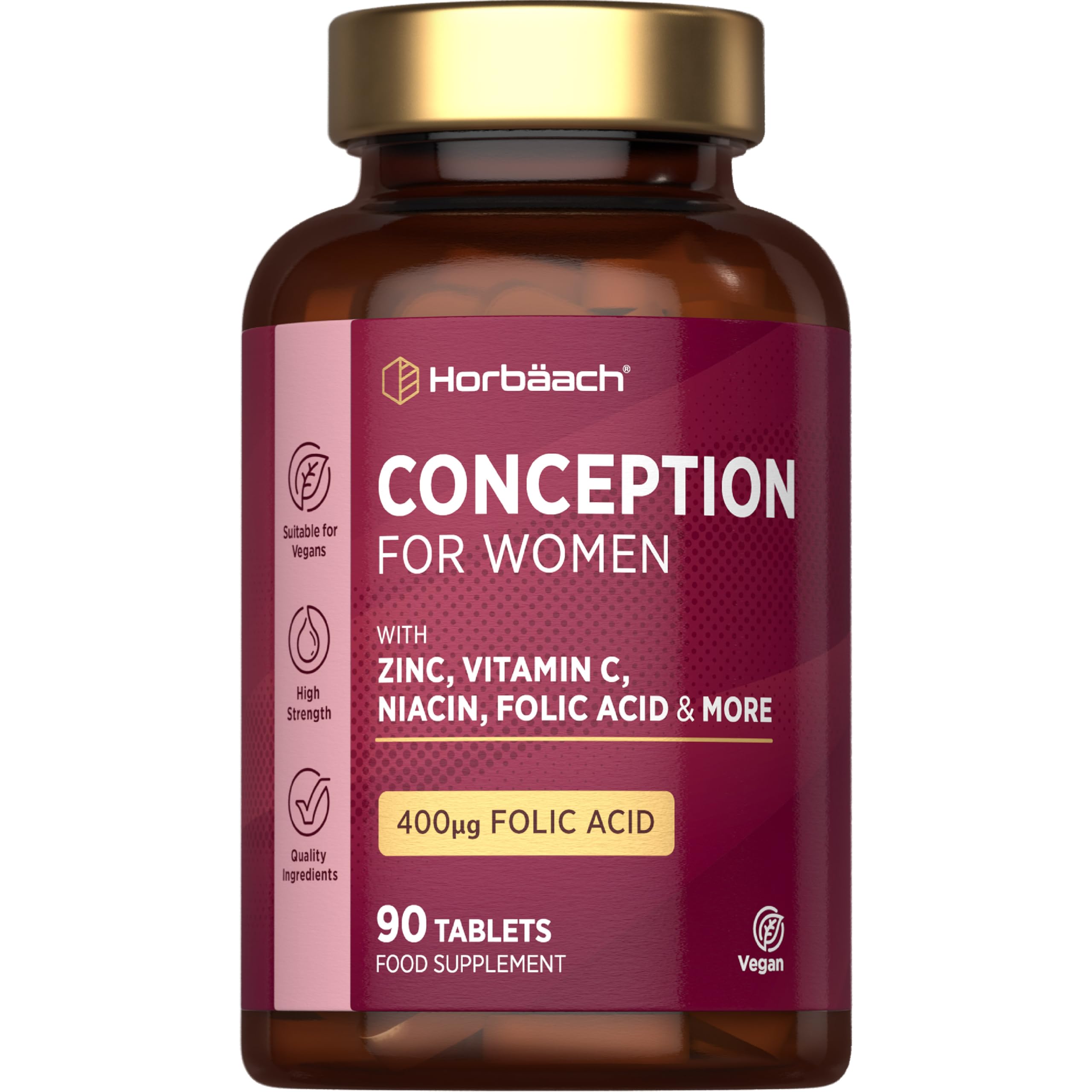 Conception Vitamins for Women | 400µg Folic Acid for Fertility Support - 3 Months Supply | Multivitamin & Mineral Formula with Vitamin C, Iron, Zinc & More! | 90 Vegan Tablets | by Horbaach