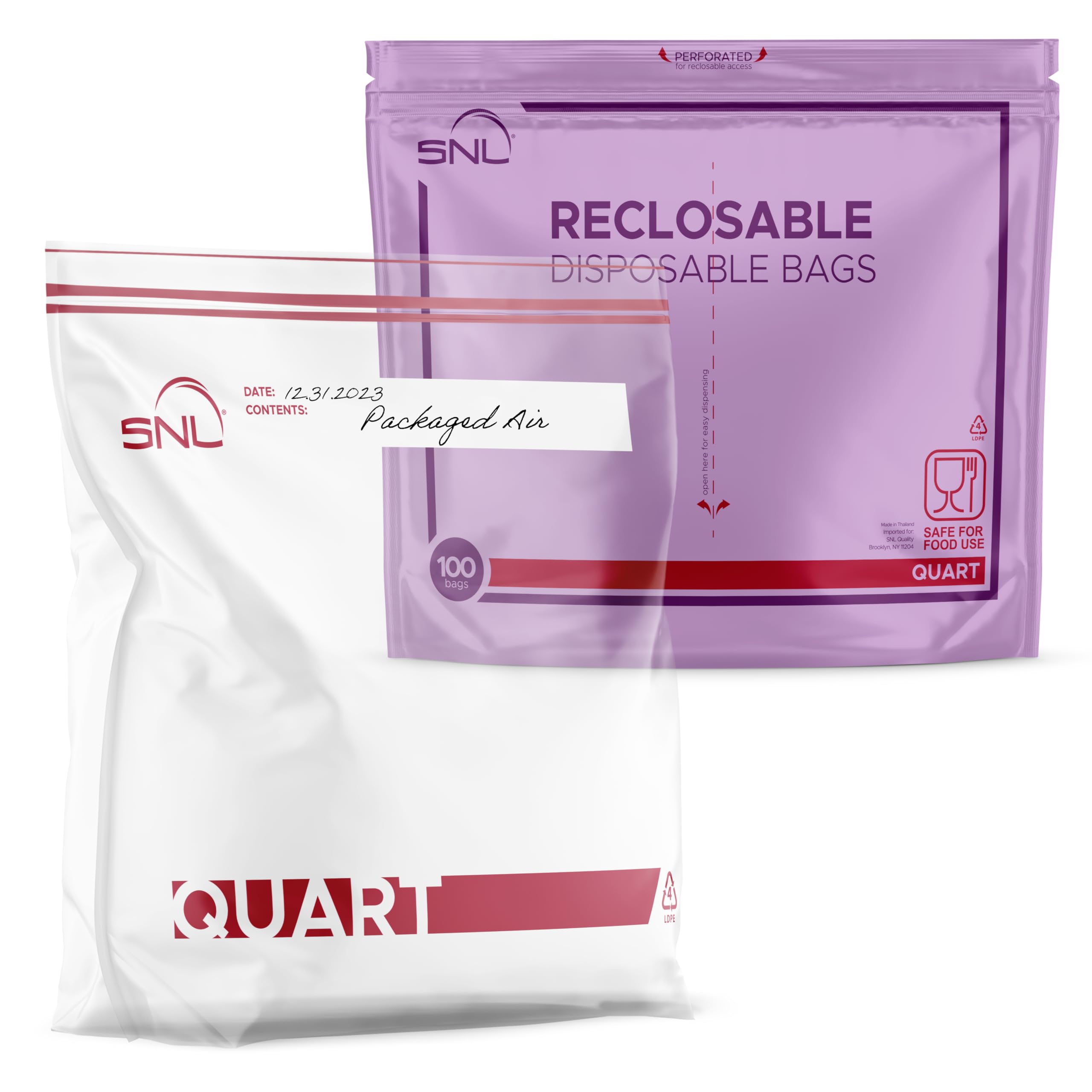 Quart Food Bags by SNL -100 Bags- Leak-Proof, Clear, Write-On Block, Reclosable, Disposable Storage Bags, Double Seal Zippers with Clicking Noise Zip