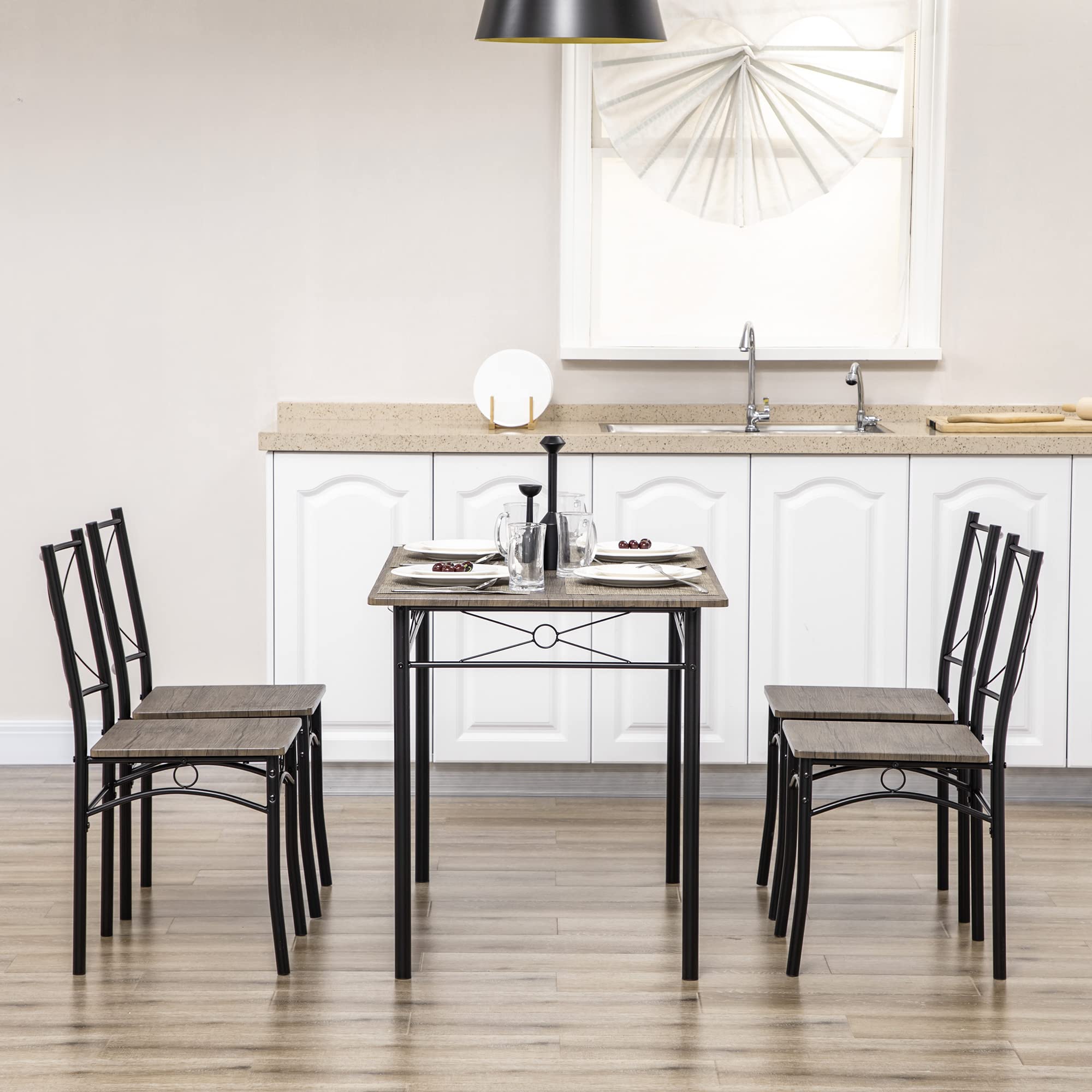 HOMCOM Tavolo da Pranzo con 4 Sedie, Set 5 Pezzi in MDF e Metallo per Sala da Pranzo, Cucina, Bar e Soggiorno, Marrone e Nero