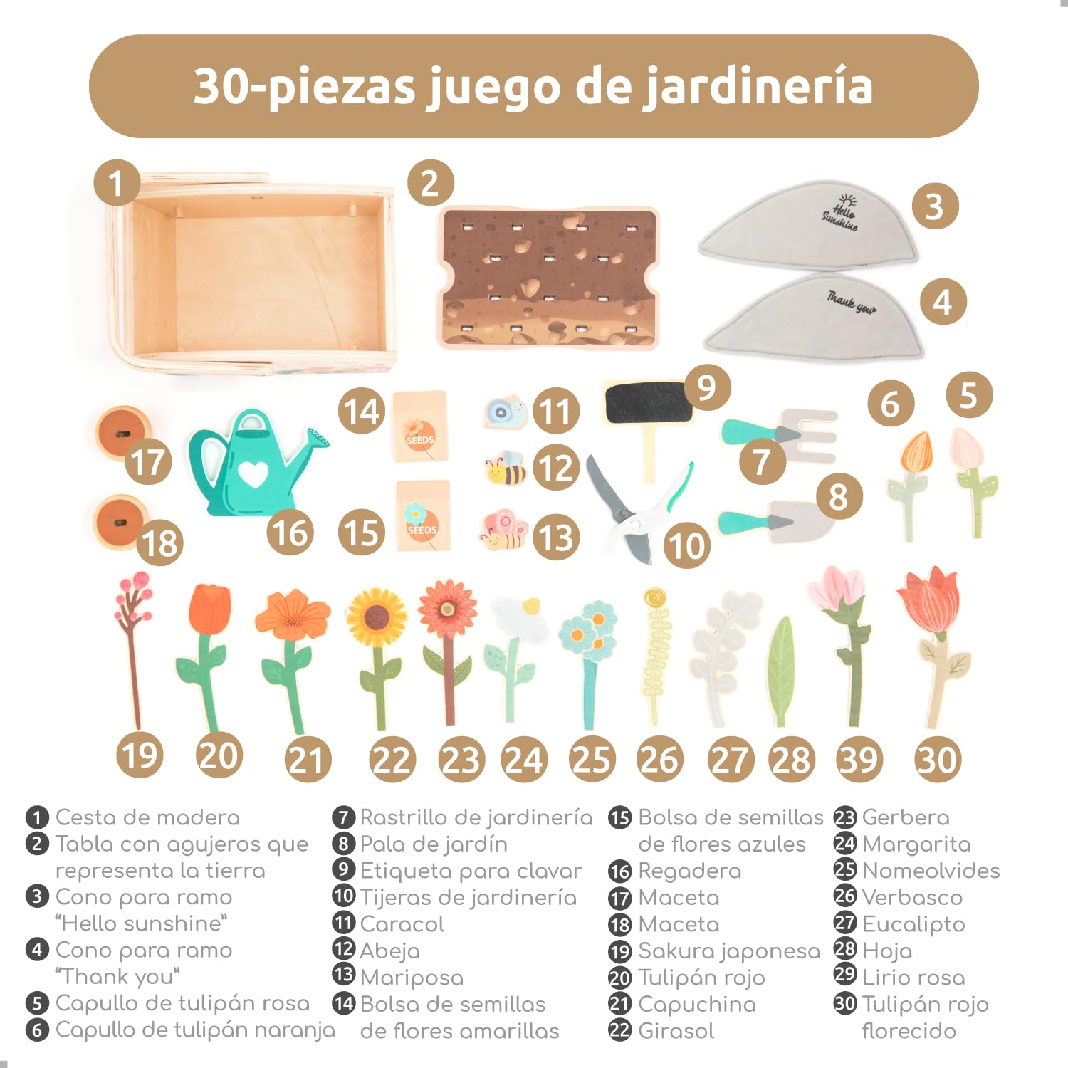 umu® Juego de jardín de madera para niños con accesorios – Juguetes de jardín para niños, juego de herramientas de jardín para niñas y niños, regadera, pala, rastrillo, juguete educativo a partir de