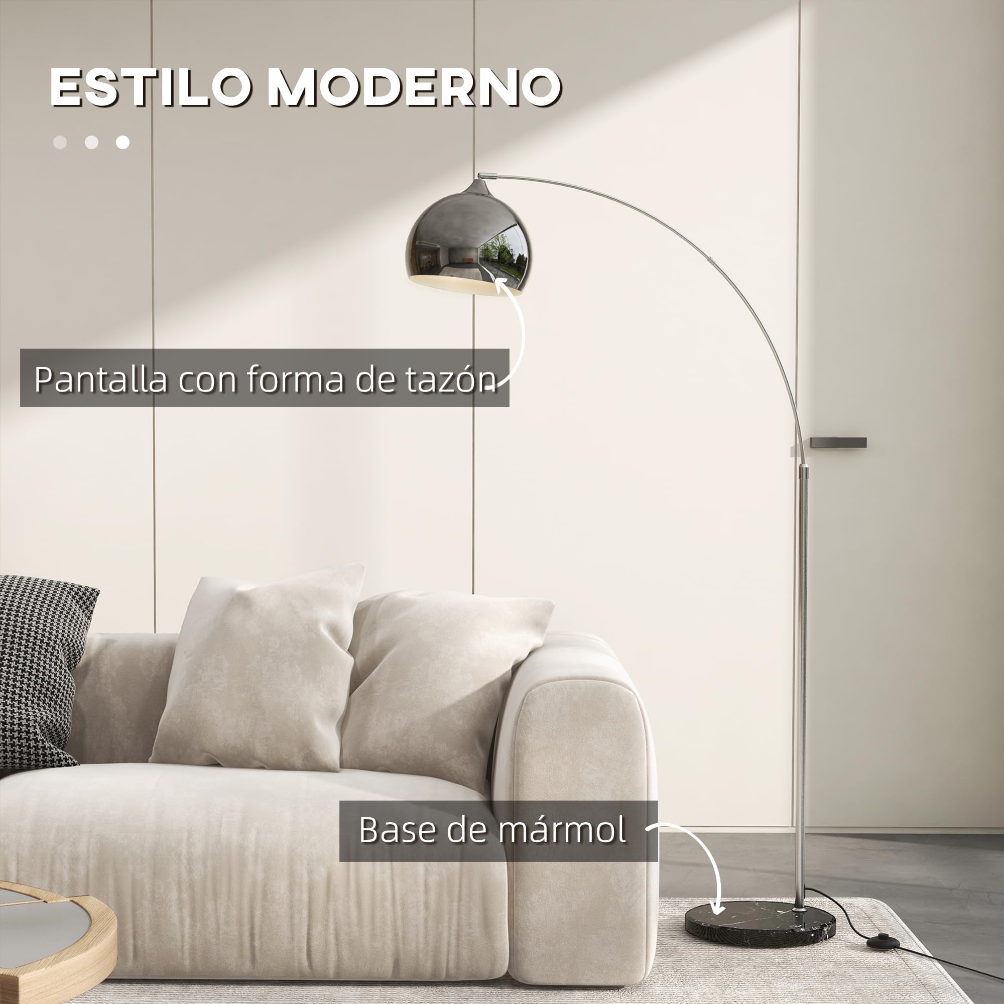 HOMCOM Lámpara de Pie Arco Moderna, Lámpara de Lectura de Pie 40 W para Bombilla E27 con Altura y Longitud Ajustable, Interruptor de Pie, para Salón, Dormitorio, Oficina, 110-115x35x170-180 cm, Plata