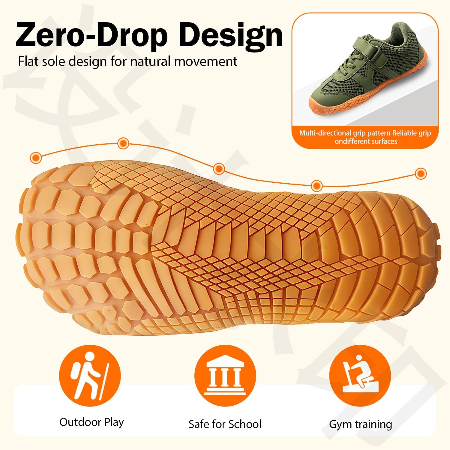 Kids Barefoot Shoes for Boys Girls, Sporty Retro Wide Toe Box Sneakers with Hook and Loop, Lightweight Breathable Walking Shoes with Grippy Sole for School & Outdoor Play