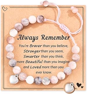 Natural Stone Healing Crystal Bracelets, Adjustable Stretch Pink Zebra Bracelet Crystal Jewelry Yoga Meditation Relax Gifts Friendship Birthday BFF for Women Teen Girls with Encourage Quote Card