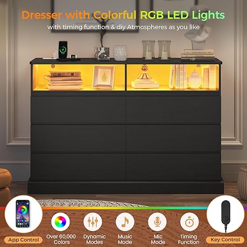 Miniatura 4 de DICTAC Cómoda moderna para dormitorio, cómoda negra con cajones sin asas, cómoda con luces LED y estación de carga, dimensiones 50.4 pulgadas de