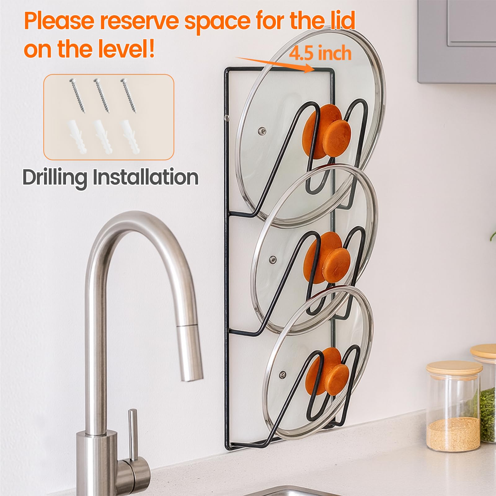Topfdeckel-Organizer, 6-stöckig, Topfdeckel-Halter für Schranktür/Wand, Wand-/Türmontage, rostfreie Topf- und Pfannenabdeckung mit Klebstoff für die Aufbewahrung in der Küche, 2 Stück