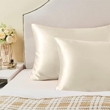 BEDELITE Zipper Satin Pillowcases, Standard Size 20x26, Beige, Set of 2