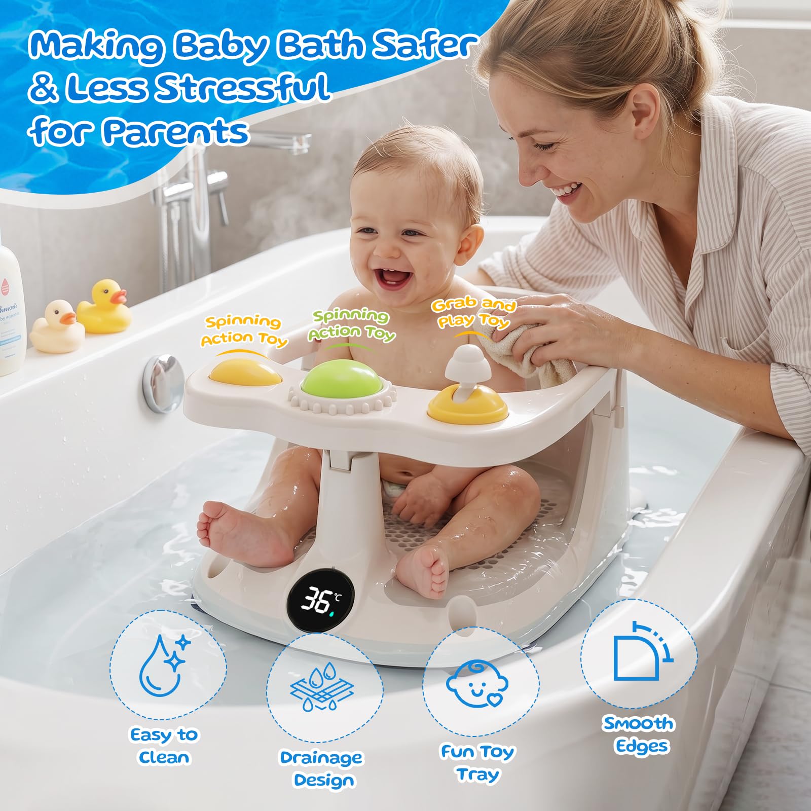Seggiolino per vasca da bagno per bambini con monitoraggio della temperatura in tempo reale, portatile, con 4 ventose antiscivolo, sedile da bagno per bambini dai 6 mesi in su, design a rete per