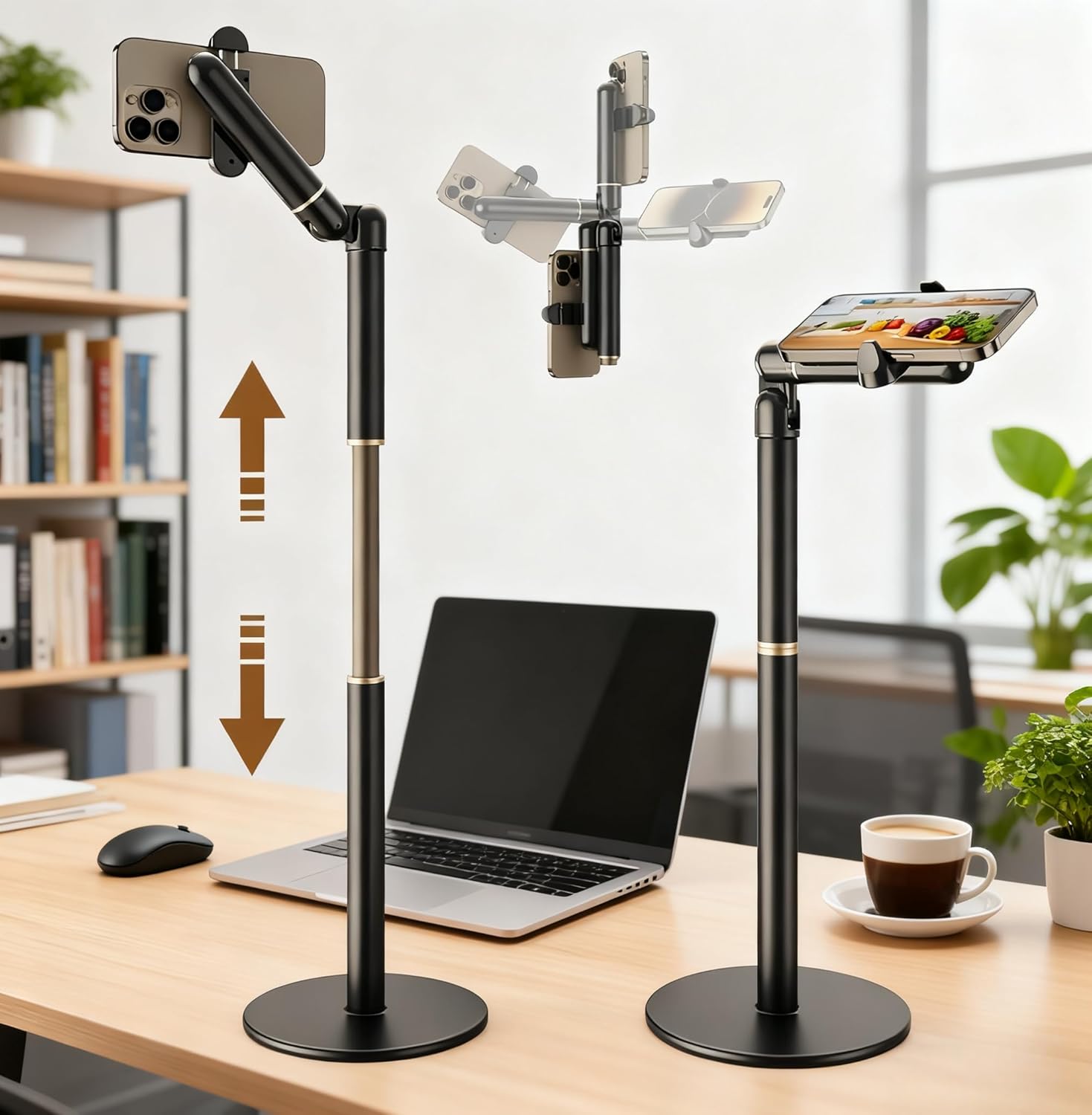 【25inch/63cm Aluminum Overhead Phone Mount360° Angle Adjustable Cellphone Stand Holder 4"-6.9" Table Top YouTube Streaming Content Creator Video Recording. YE-S