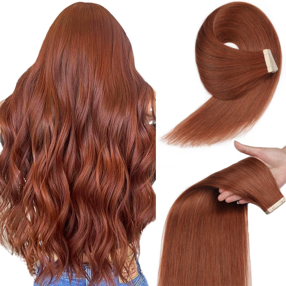 YDDM Human Hair Tape in Extensions, 20 Inch 20pcs Auburn 100% Remy Human Hair Straight Invisible Tape in Hair Extensions(33A#, 20 Inch)