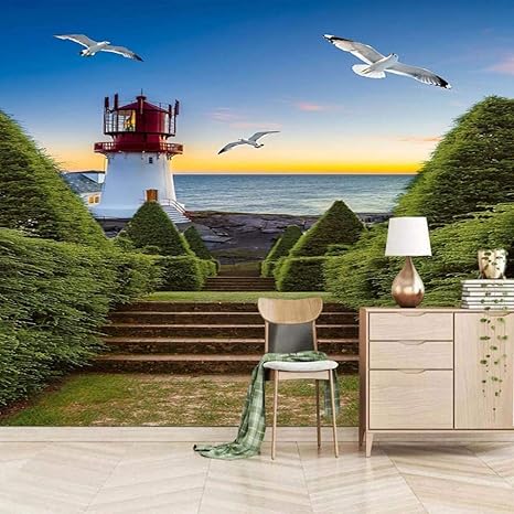 Amazon 海辺の灯台の風景 壁紙3d壁画 剥がすと宮殿の壁の壁画ポスターを貼り付けます 寝室 バスルーム 勉強部屋 リビングルームのための耐久性のある防水環境に優しい装飾 350x256 Cm 壁紙