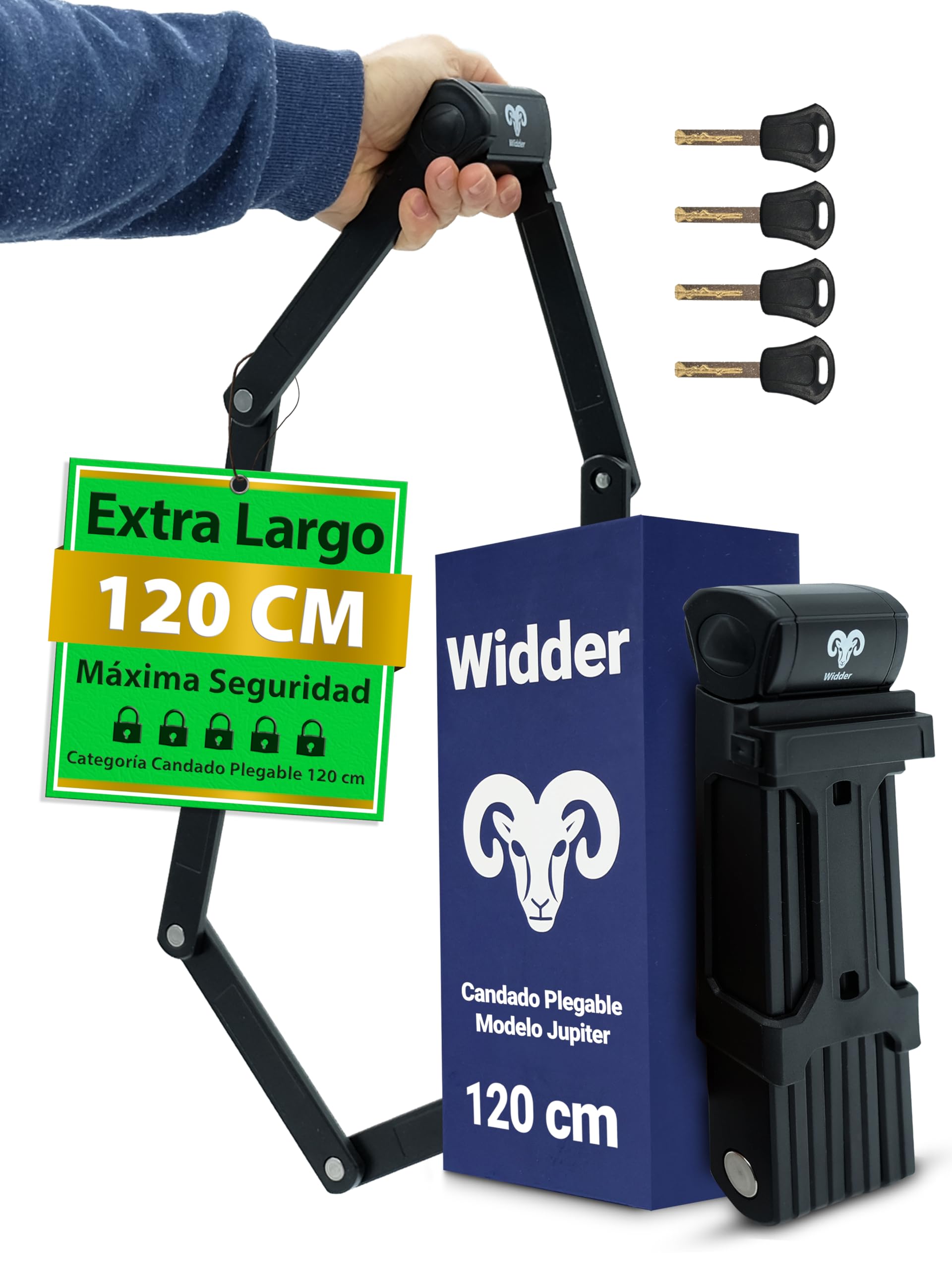 Widder Antirrobo de bicicleta muy seguro Candado plegable 120cm con 4 llaves | para bici, con soporte | ideal como antirrobo de bicicleta para e‑bike, patinete eléctrico, bicicletas & bike lock