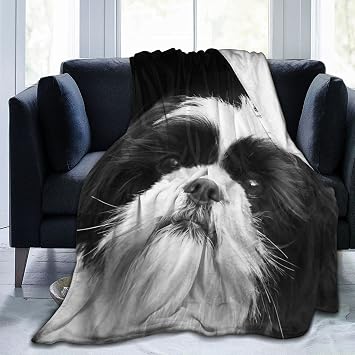 Travel Flannel Plush Throw Blanket, Black White Shih Tzu Dog Family Pet Cute Animal Pattern Throw for Better Relaxing, Comfy Air Conditioning Blanket 50"X40"
