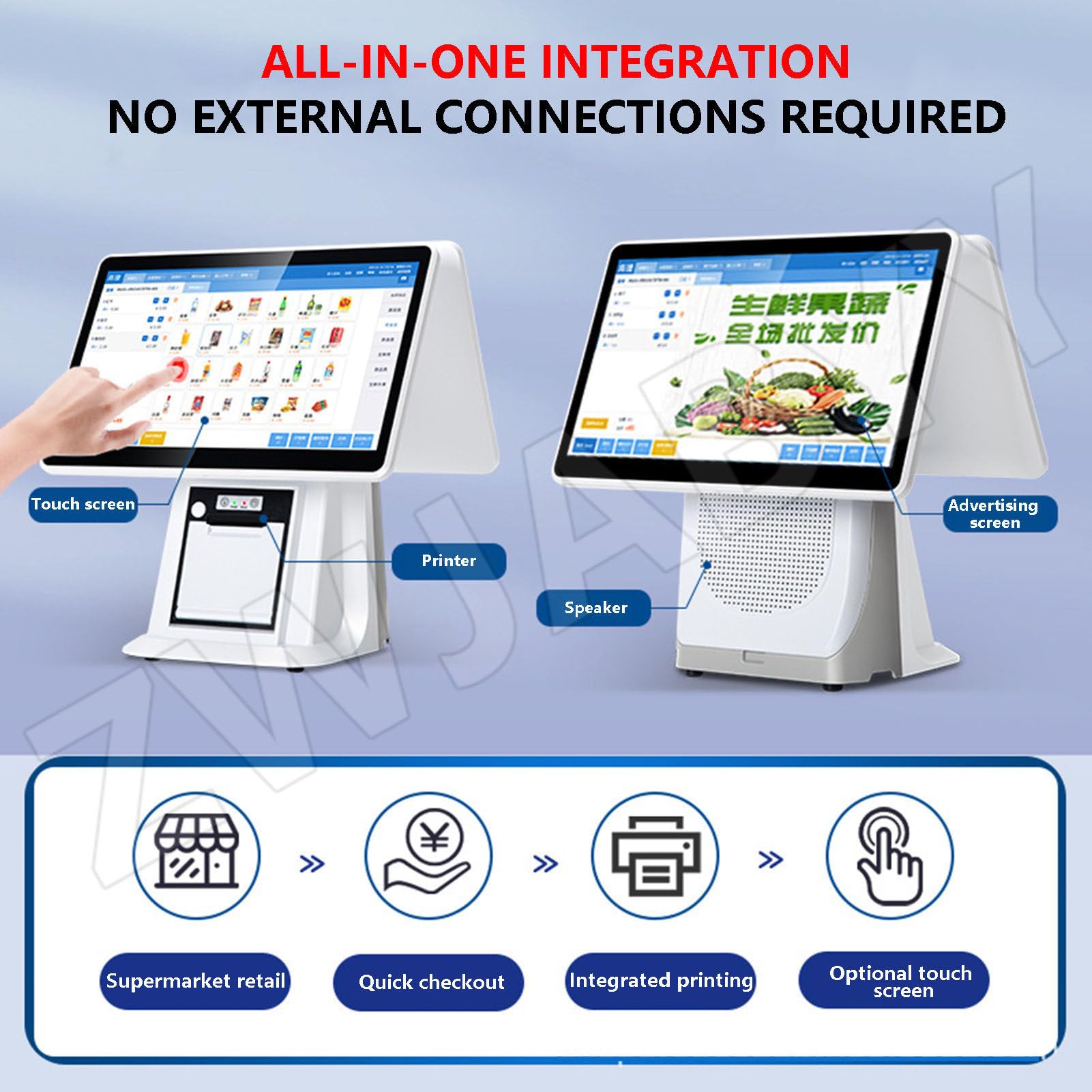 Monitor registratore di cassa POS All-in-One, doppio touch screen da 15,6 pollici, CPU I5, 8 GB di RAM, SSD da 128 GB, Windows, stampante termica integrata da 58 mm,per piccole imprese, ristoranti