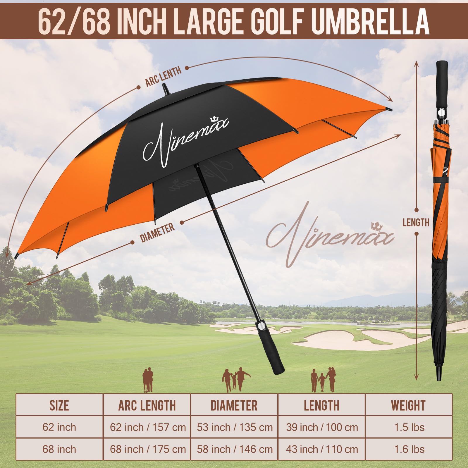 NINEMAX Grand Parapluie Golf, Ombrelle Grande Taille Anti Vent Solide Résistant, XL/XXL Parapluies Geant Tempete Incassable pour Homme Femme 2 Personnes