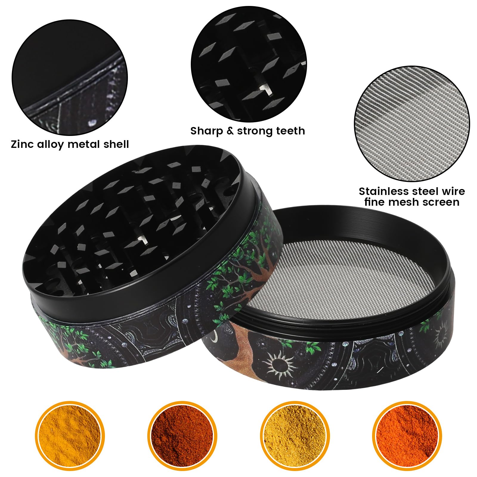 Grinder 4-teilig, 63 Mm – Metall-Gewürzmühle Mit Baum-Design & Sieb