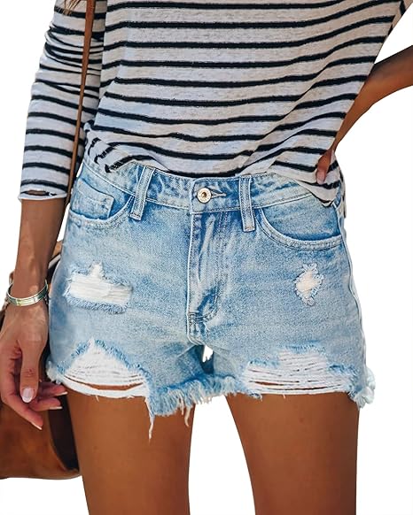 HOCAIES Women's Juniors Jean Shorts Frayed Raw Hem Ripped Denim Shorts for Women