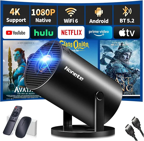 【Built-in Apps】Mini Projector 1080P, 4K Projector Full HD with WIFI 6 and Bluetooth 5.2, Support 270° Rotatable Portable Projector with Auto Keystone Correction,Compatible with Phone/HDMI/USB - Black