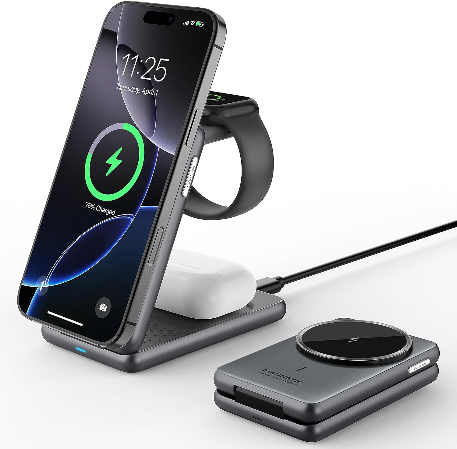 Wireless Charger for iPhone, 3 in 1 Travel Mag-Safe Charger for iPhone 17/16/15/14 Series, Airpods Pro 2, iWatch Series 10/9/8/7, Foldable Charging Station for Apple Multiple Devices
