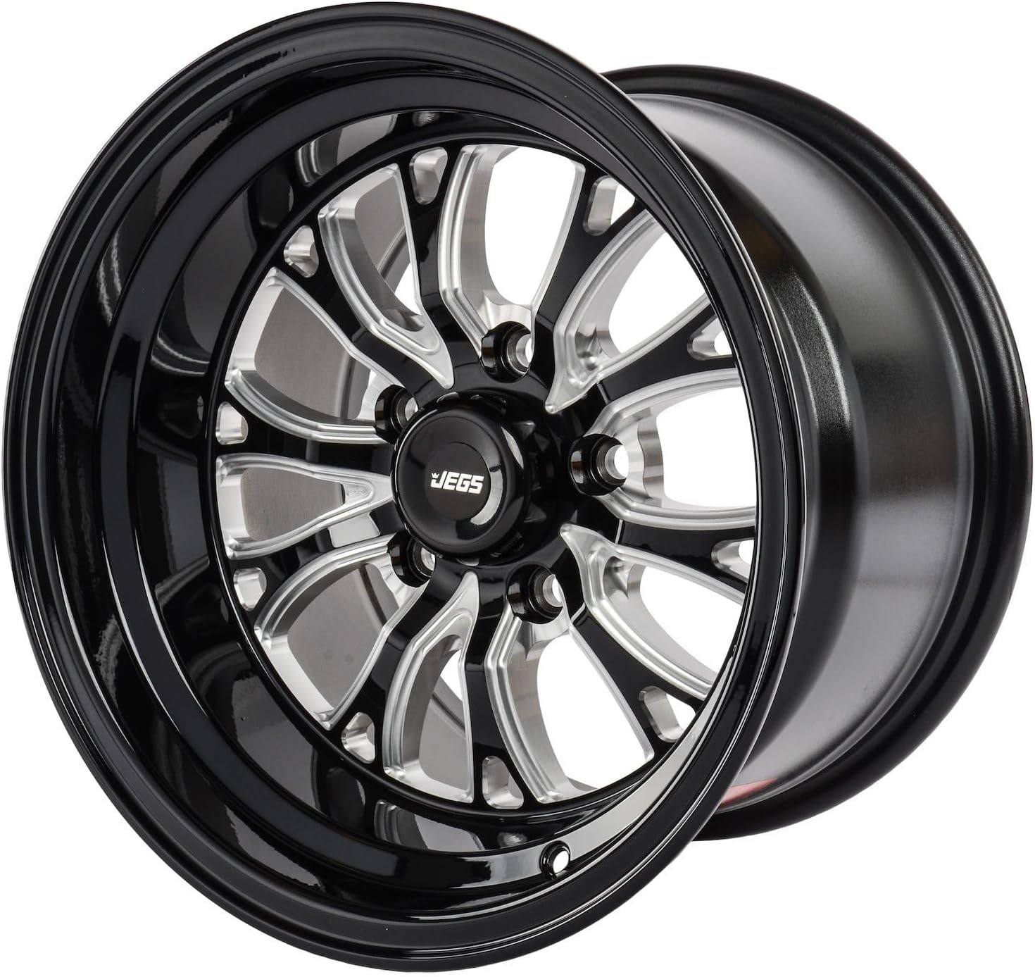 JEGS SSR Spike Wheel 15 x 10 | 5 x 4.5in.Wheel Bolt Pattern Spacing | 0mm Offset | 5.5in.Backspacing | Gloss Black with Milled Spoke Accents | 3.27in.Center Bore