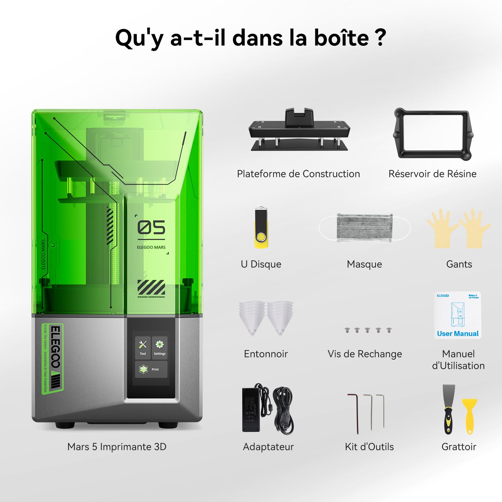 ELEGOO Mars 5 Imprimante 3D Résine, avec Écran LCD Monochrome 4K de 6,6 Pouces, Protection Contre la Surchauffe, Capteur Mécanique Intelligent, Taille d'impression de 143,43x89,6x150 mm³