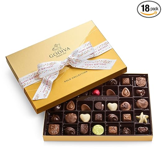 Godiva Chocolatier Birthday Ribbon 36-Piece Assorted Chocolate Gift Box – Gourmet Chocolate Candy Variety Pack – Dark Caramel, Milk Chocolate, Nuts– Gift Basket for Birthday and Anniversary