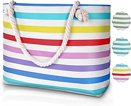 URAQT Large Beach Bag, with Zip, Striped Swimming Bag, XXL Family, Women's Beach Tote Bag, Shoulder Bag, Suitable for Beach Holidays