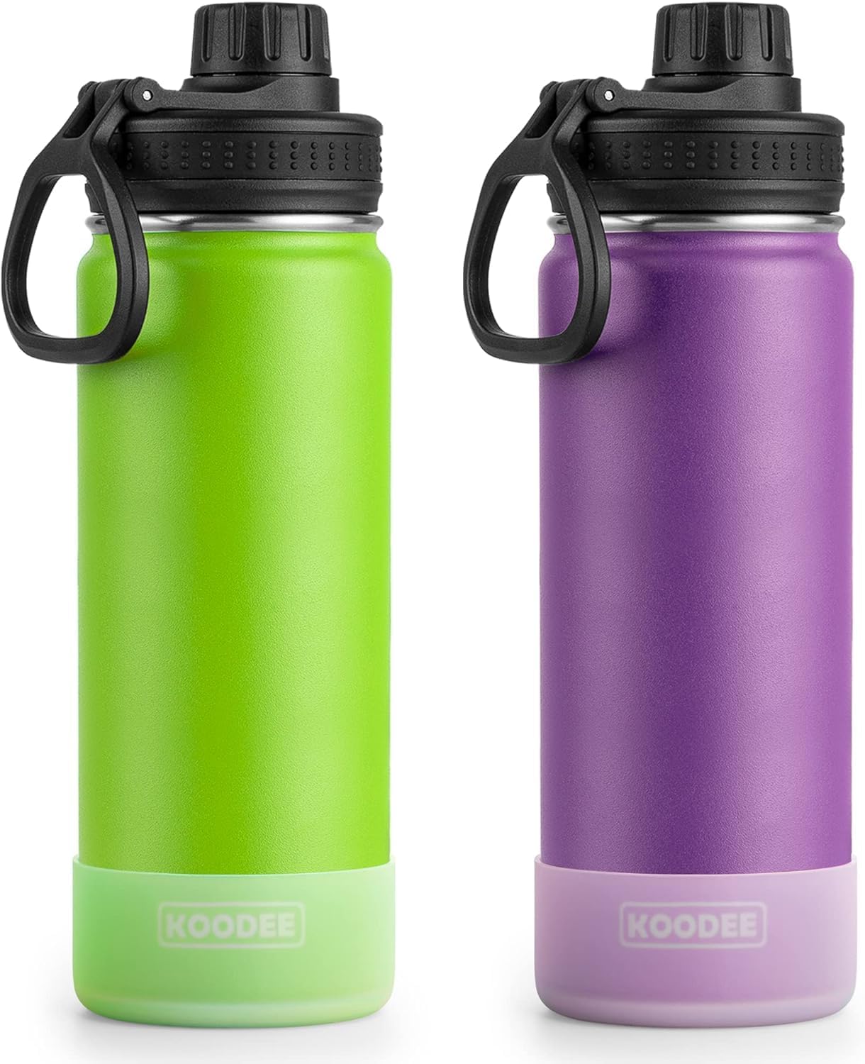koodee Water Bottle 2 Pack-22 oz Stainless Steel Insulated Sports Metal Water Bottle-Double Wall Vacuum Flask with Leakproof Spout Lid (Apple Green-Purple）
