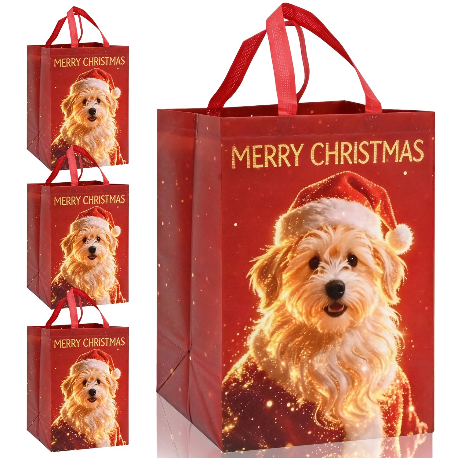 Large Gift Bags,4 Pack Red Christmas Tote Bags with Lighting Cute Dog