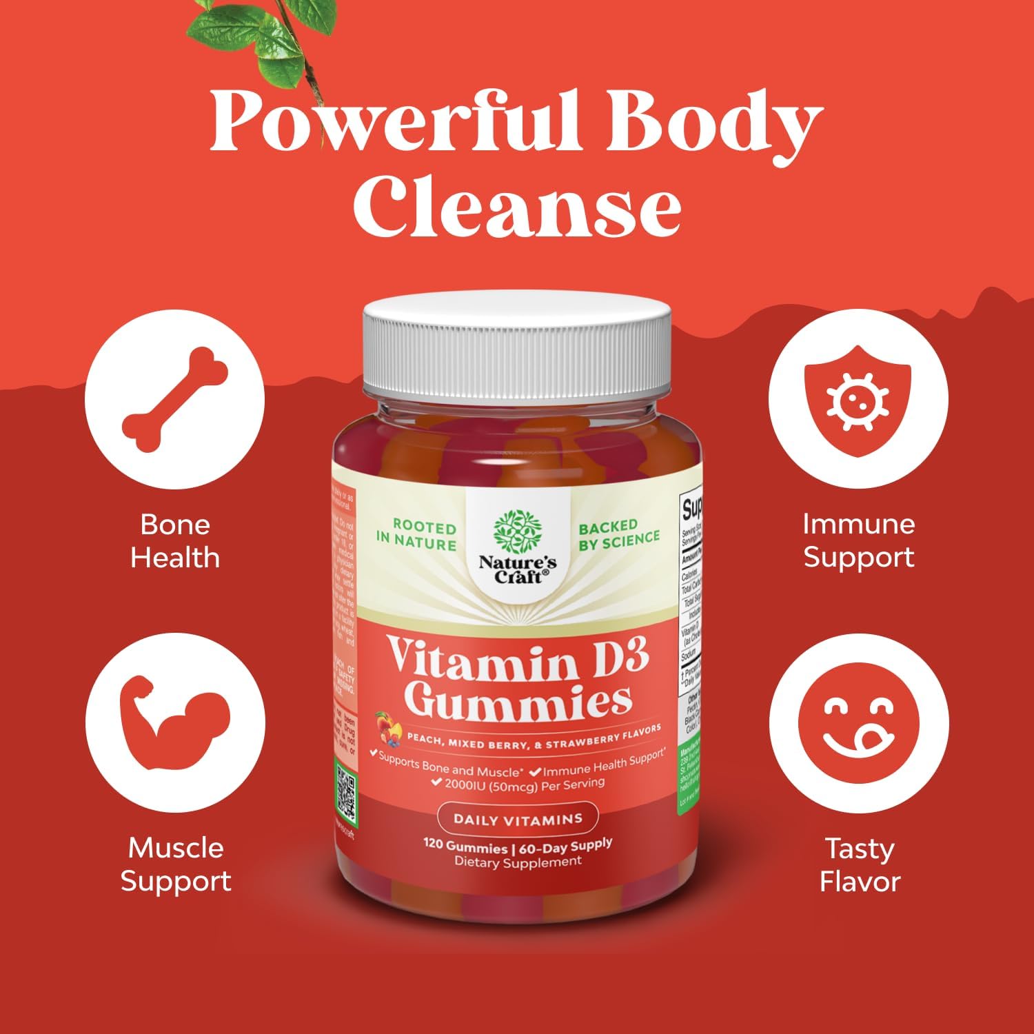 Natures Craft Vitamin D3 Gummies for Daily Wellness - Delicious Vitamin D Gummies for Adults with D3 2000IU per Serving Bone Muscle & Immune Support - Non-GMO Gelatin & Gluten Free - 120 Count