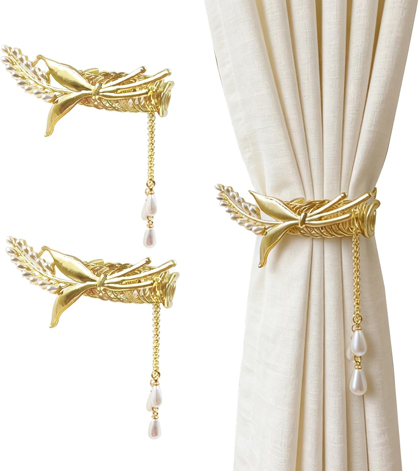 2Pcs Curtain Tiebacks with Tassel Pearl Dangle, Wheat Zinc Alloy Spring Curtain Holdbacks, Decorative Drapery Clips for Home Bedroom Living Room Wedding (Golden Wheat Ears)