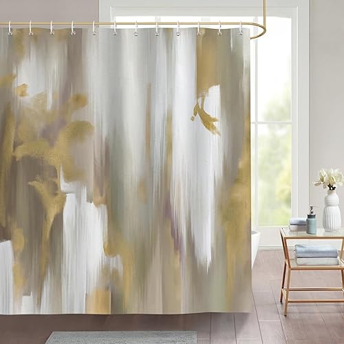 Miniatura 1 de Bonhause Cortina de ducha de mármol gris dorado, cortina de baño decorativa de lujo abstracta moderna para baño, 72 x 72 pulgadas, tela de poliéster