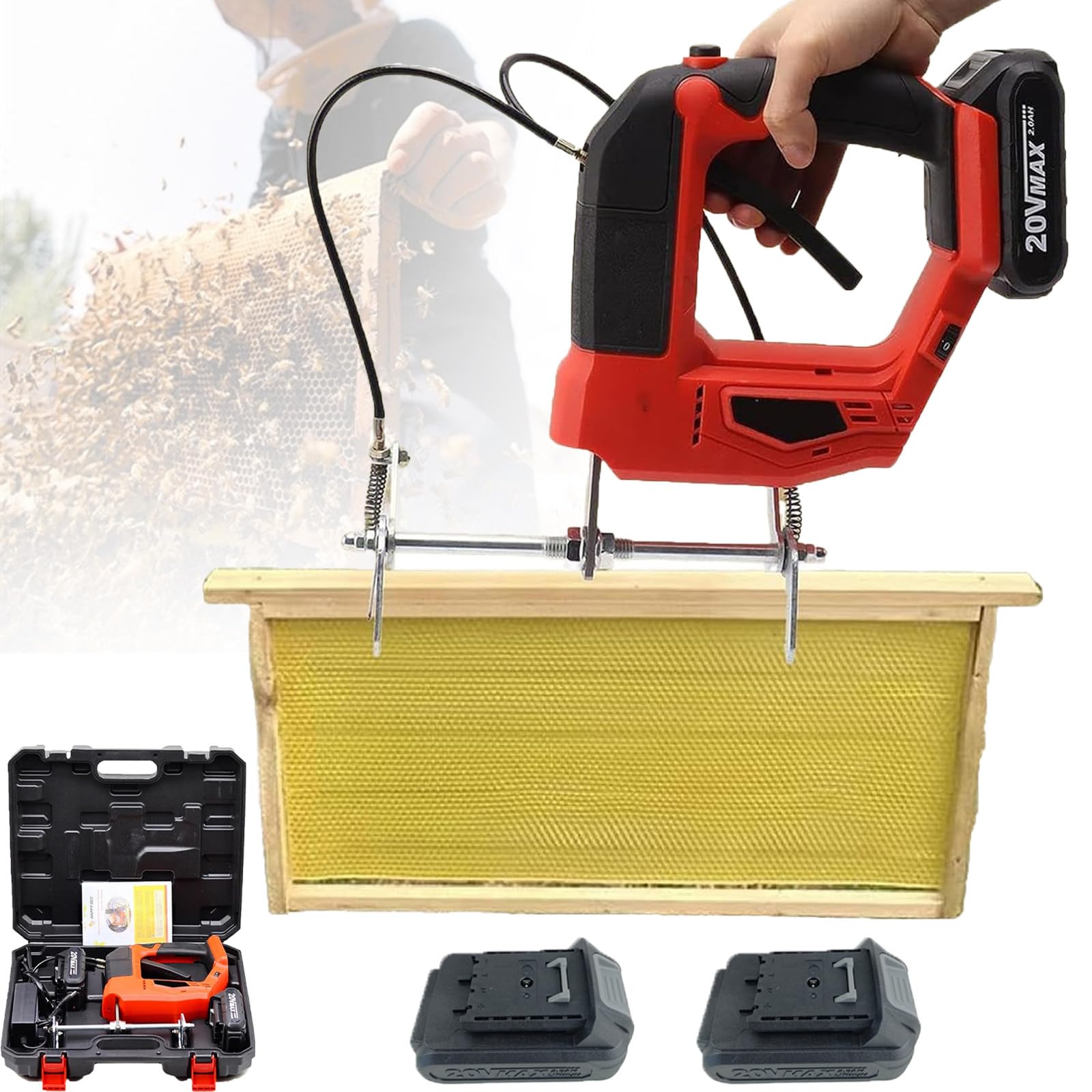 Atwynd Electric Bee Shaker-4 Adjustable Speeds, Handheld Beehive Frame Shaking Machine with 2000mAh Lithium Batteries, Electric Bee Remover for Farms, Apiaries, Beekeeping Bases Red-2batteries