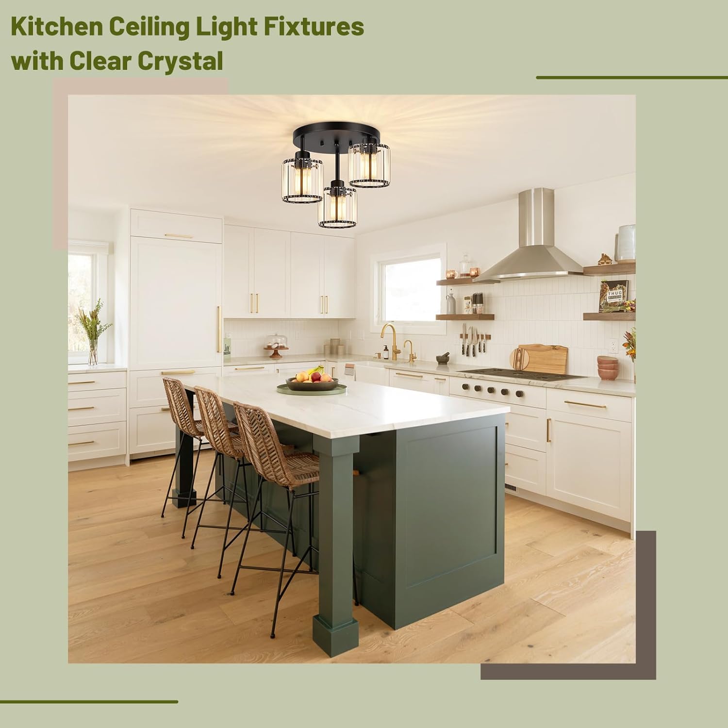 3-Light Crystal Semi Flush Mount Ceiling Light, Black Kitchen Lighting Fixtures Ceiling, Modern Hallway Light Fixtures with Clear Crystal Shades, Close to Ceiling Lamp for Bedroom Foyer Entryway