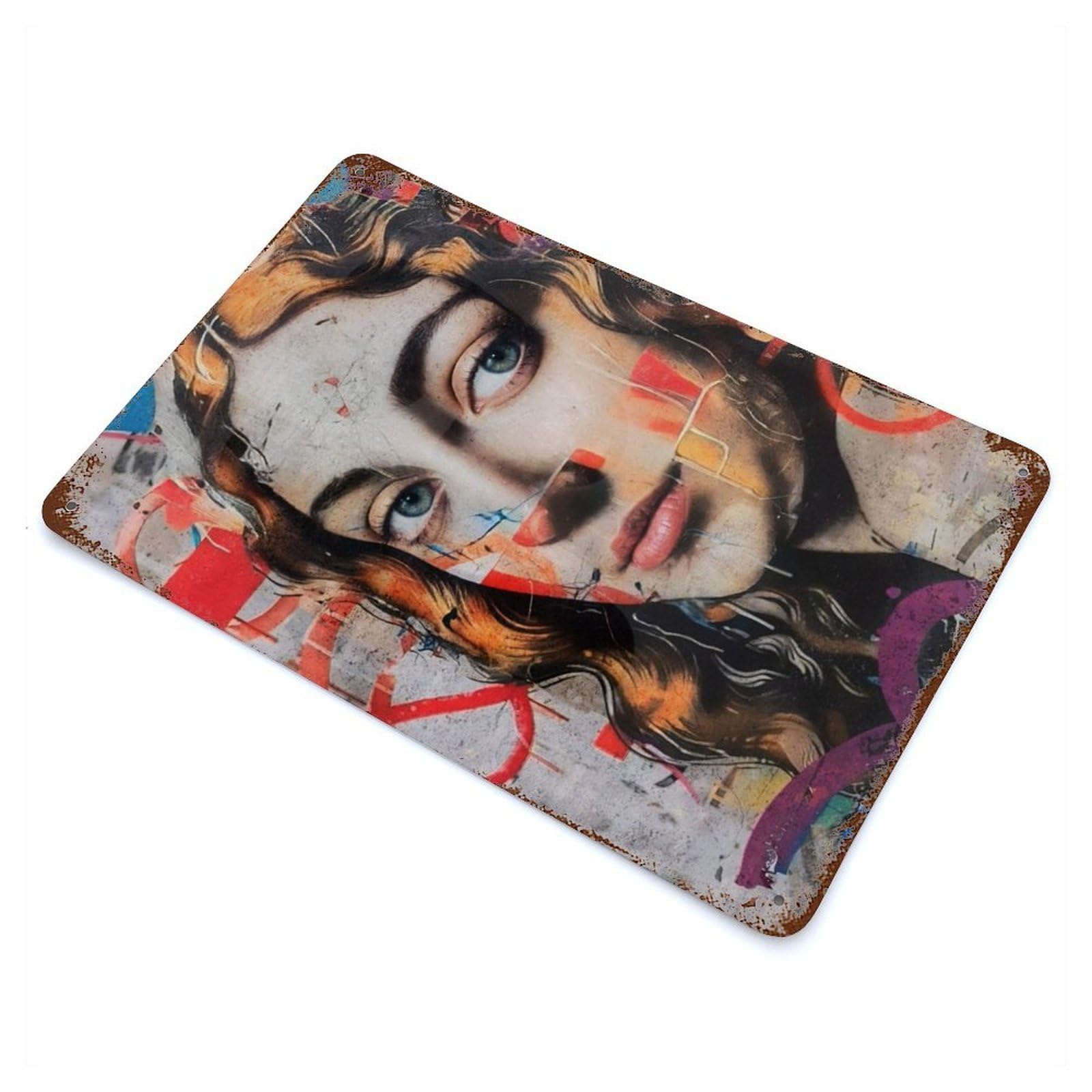 Distressed Metal Wall Sign with Street Graffiti Portrait Design 11.8"x7.9", for Office, Studio And Wall Decor, Industrial Home Decor