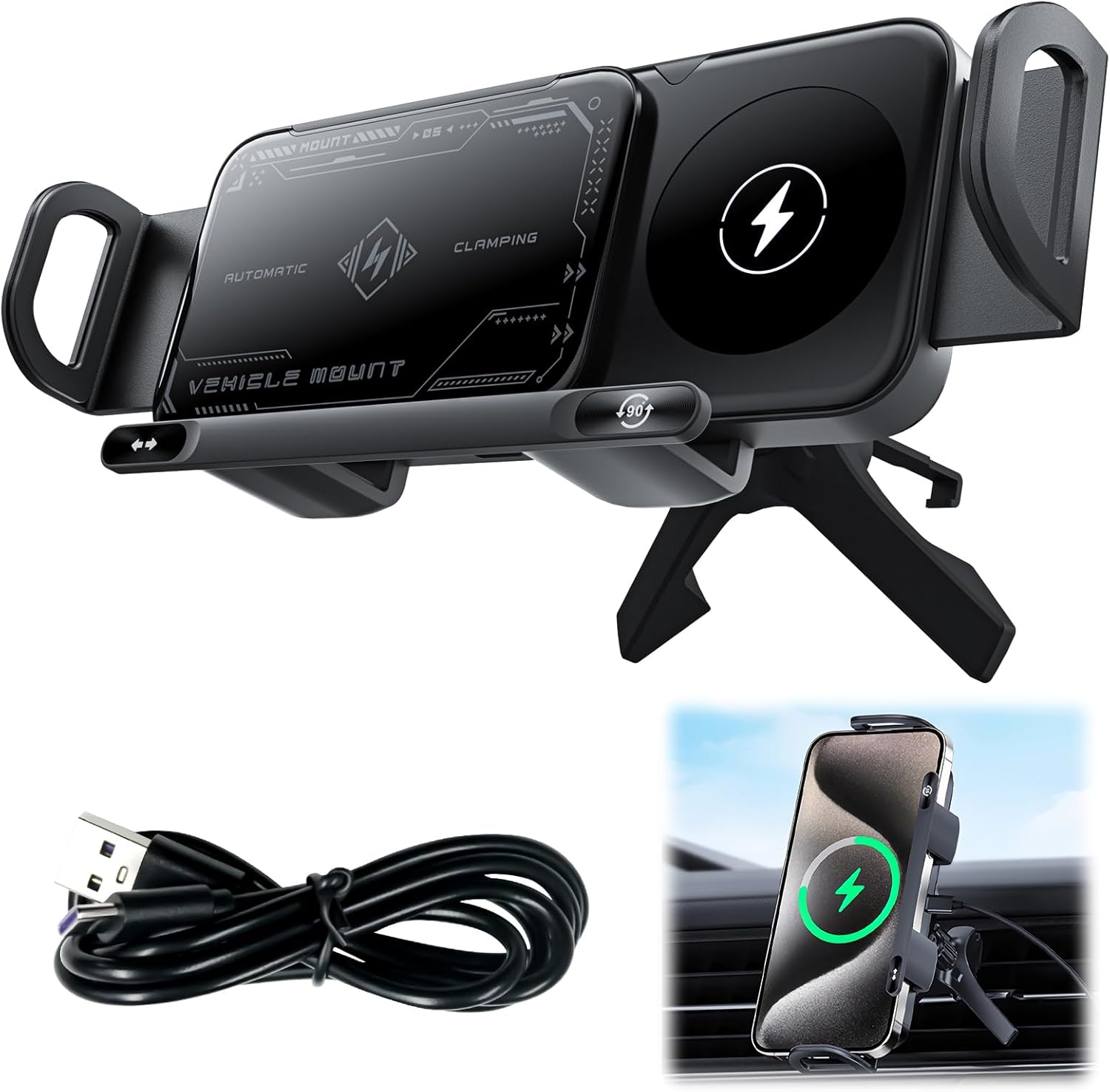 OneNine High Intelligent Mobile Phone/Pad Holder, 2 in 1 Auto Rotating Phone Holder, Car Charger Fast Charging Phone Holder, Rotatable Car Vent Phone Mount for Smartphone/Pad/Foldable Phone (Black) OneNine High Intelligent Mobile Phone/Pad Holder, 2 in 1 Auto Rotating Phone Holder, Car Charger Fast Charging Phone Holder, Rotatable Car Vent Phone Mount for Smartphone/Pad/Foldable Phone (Black)