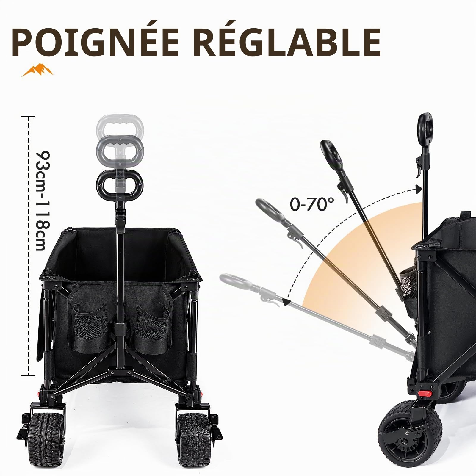 Portal Chariot de Plage avec Freins, Chariot de Plage pour Sable avec Roues Larges, Chariot de Camping de 300 L, Chariot de Camping avec hayon réglable, Chariot Pliable Robuste pour événement de